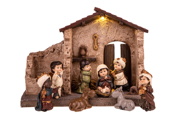 sconto Nativité 9 personnages avec hutte et led 16,5 cm en porcelaine