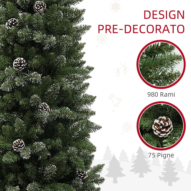 Albero di Natale Innevato Slim Alto 225 cm con 980 Rami Pigne e Base in Acciaio Verde      