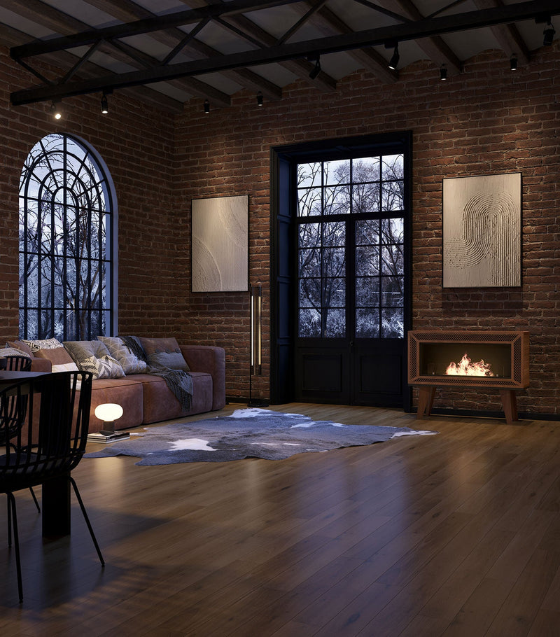 Camino a Bioetanolo da Pavimento 100x47 cm Industrial Marrone con Vetro