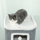 Torre per Gatti con 3 Casette Palline e Posatoio 41x41x100 cm in Legno Tessuto e Peluche Grigio e Bianco      
