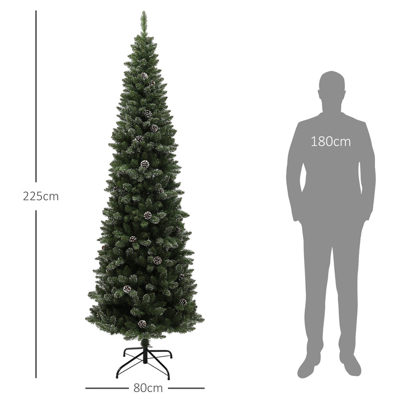 Albero di Natale Innevato Slim Alto 225 cm con 980 Rami Pigne e Base in Acciaio Verde      