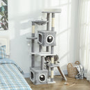 Albero Tiragraffi per Gatti 48x40x165 cm con 2 Casette Rampa Trespoli in Peluche e Sisal Grigio e Bianco      