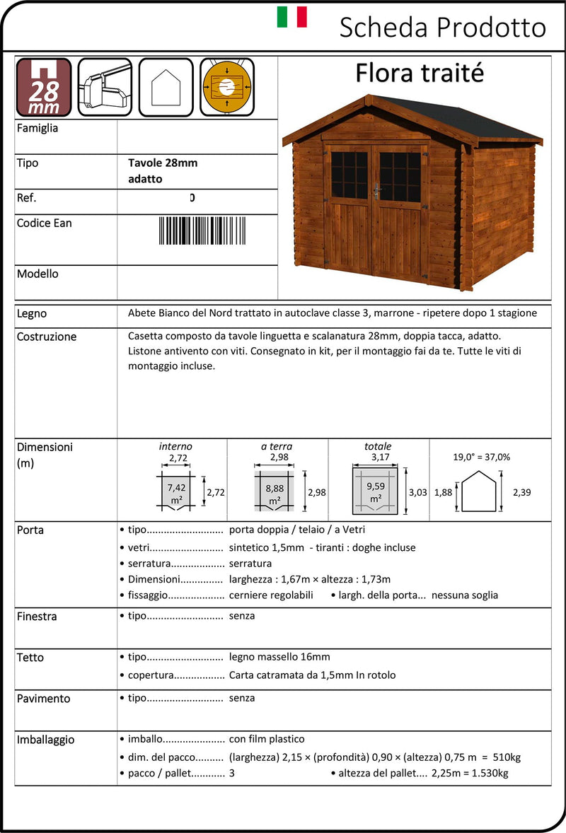 Casetta Box da Giardino per Attrezzi 3,17x3,03m Senza Pavimento in Legno Abete 28mm Flora Traite