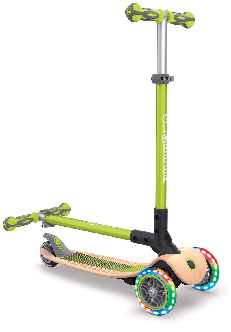 Monopattino 3 Ruote a LED Pieghevole 3 Altezze Max 50 Kg Globber Primo Foldable Wood Verde Lime