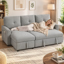 Divano Letto 3 Posti Estraibile 201x132x88 cm con Chaise Longue Contenitore e Cuscini in Tessuto Grigio      