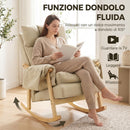 Sedia a Dondolo Imbottita 77x104x93 cm con Seduta Profonda Tasche Laterali e Gambe in Legno di Caucciù in Tessuto Tecnico Beige      