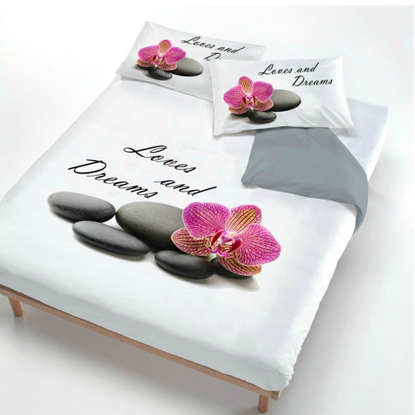 sconto Housse de couette avec imprimé sur le sac et taies d'oreiller Love And Dreams
