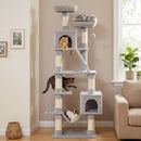 Tiragraffi per Gatti Grande Multilivello 60x48x204 cm con 8 Pali in Sisal 2 Casette e Amaca in Truciolare e Peluche Grigio Chiaro      