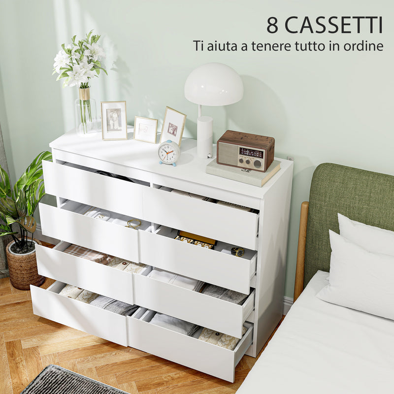 Cassettiera 8 Cassetti 120x39x100 cm con Maniglie Scanalate in Legno Bianco  