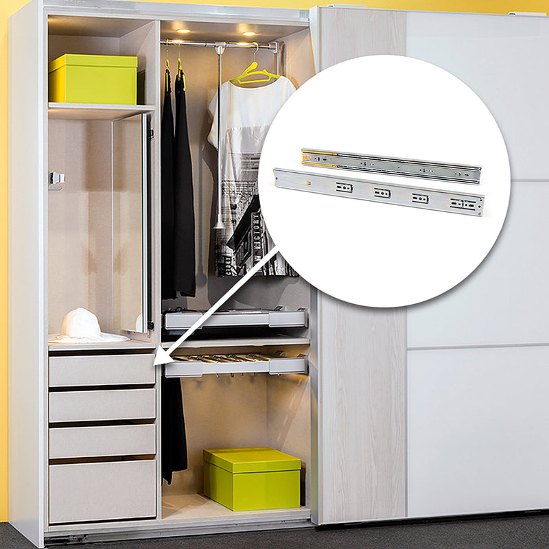 Guide a Sfere per Cassetti con Estrazione Totale e Chiusura Soft H45 mm L500 Bianco Acciaio Emuca