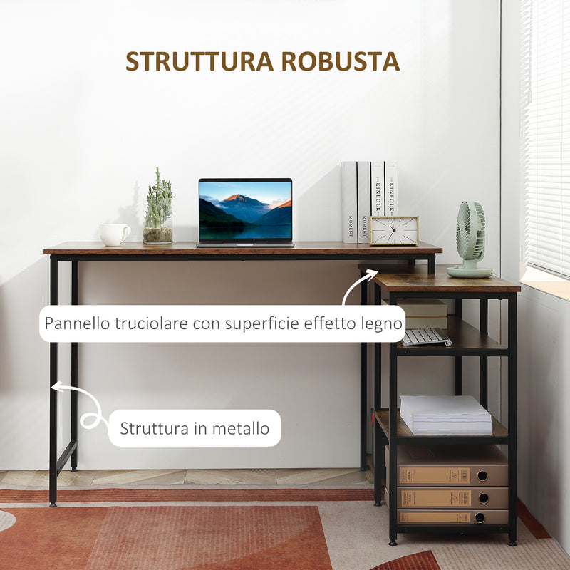 Scrivania Angolare in Stile Industriale 135x90x79 cm con Ripiani a Giorno Telaio in Acciaio Marrone e Nero 
