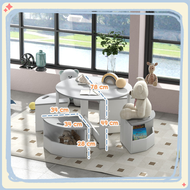 Set Tavolo con 4 Sgabelli Salvaspazio con Vano Contenitore in Legno Grigio 