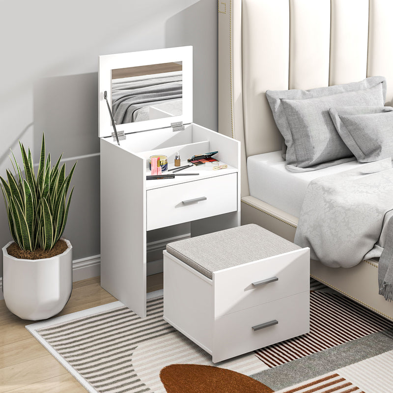 Consolle Trucco 50x40x113,5 cm con Specchio Ribaltabile 2 Cassetti e Sgabello a Scomparsa in Legno Bianco  