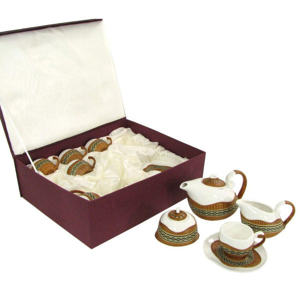 Set Tazze The 9 Pezzi con Teiera e Lattiera in Porcellana Decoro in Bambù Noce sconto