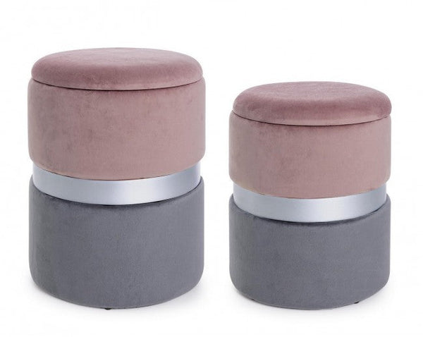 sconto Lot de 2 Pouf Container Polina Rose-Gris en Tissu Effet Velours
