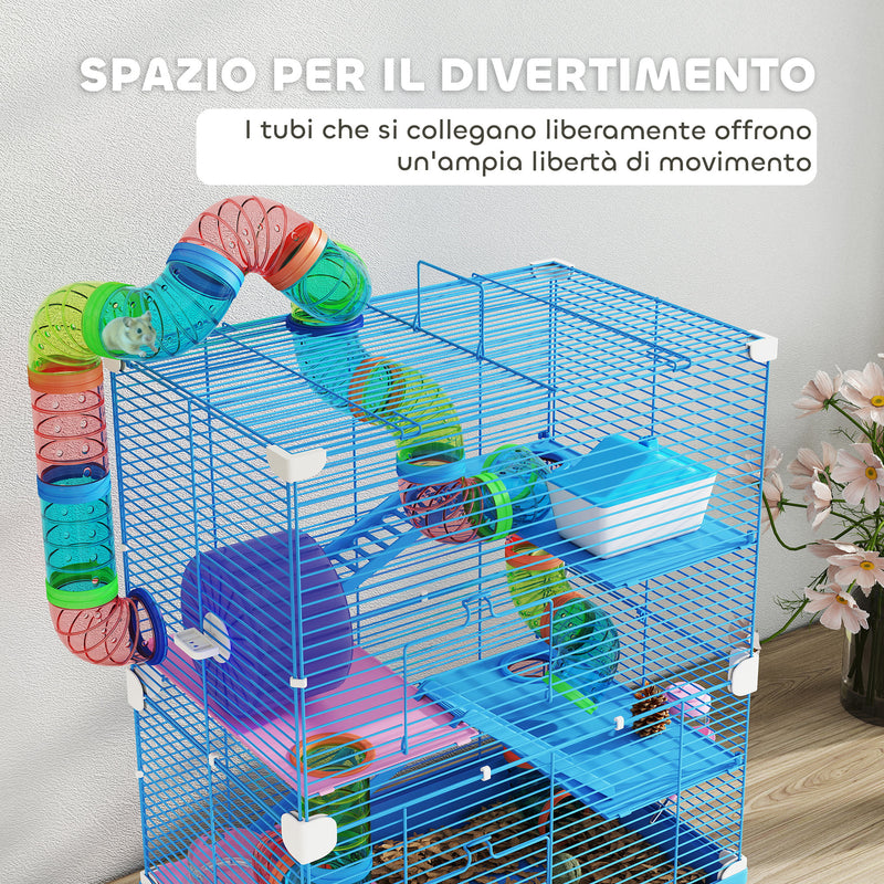 Gabbia per Criceti a 5 Piani 46x30x58 cm con Tubi Colorati e Accessori in Metallo Blu  