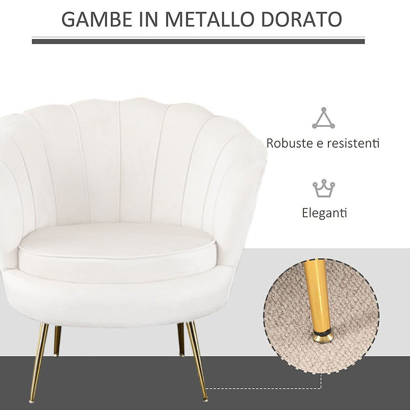 Poltrona a Conchiglia 78x73x78 cm in Velluto Vintage Piedi Oro Sofia Bianco
