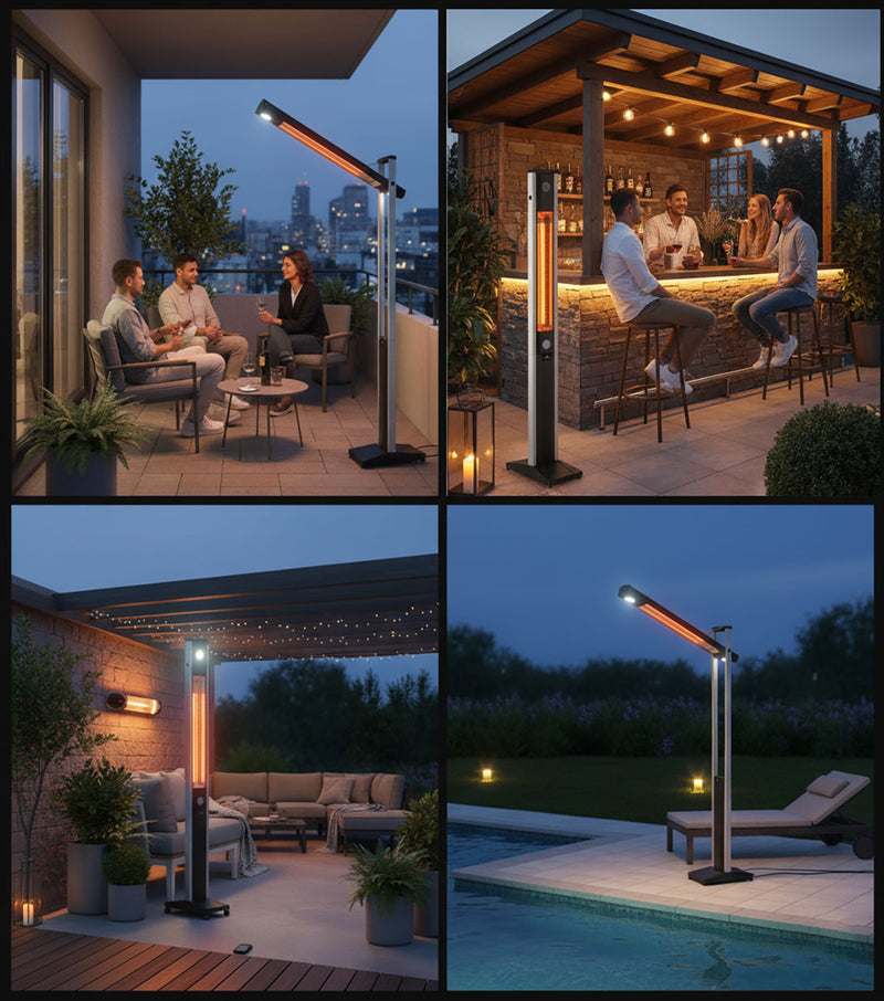 Stufa Elettrica ad infrarossi da Esterno 50x25x200 cm in Fibra di Carbonio con Luce Led Skyline Grigio Tortora