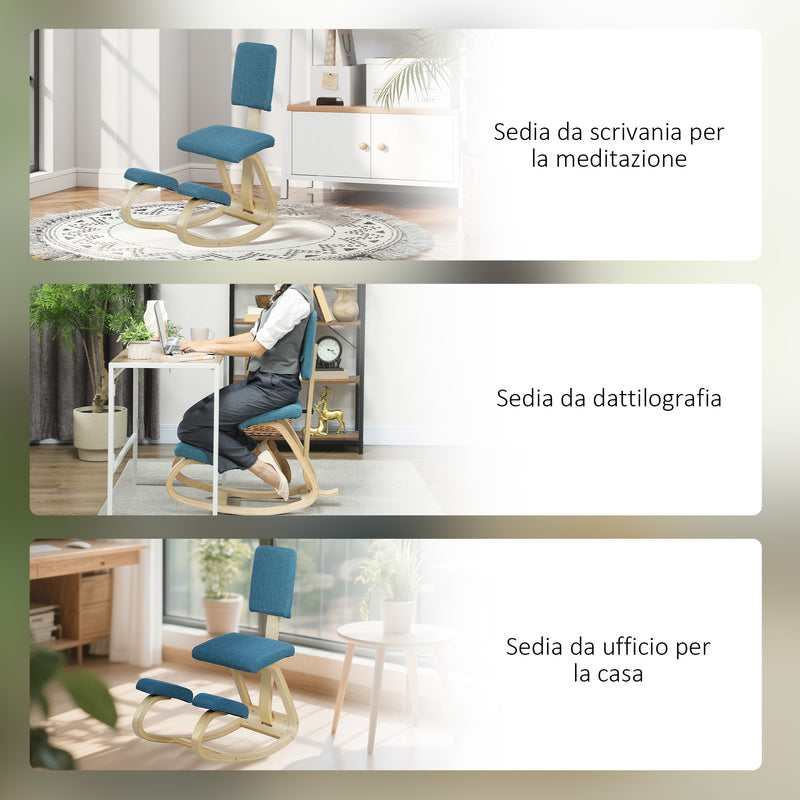Sedia Ergonomica Inginocchiatoio con Schienale 51x84x93 cm in Legno di Betulla e Cuscini Blu  