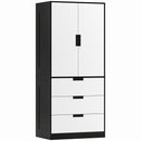 Armadio 2 Ante con 3 Cassetti 80x50x180 cm con Barra Appendiabiti in Melamina Nero Bianco      
