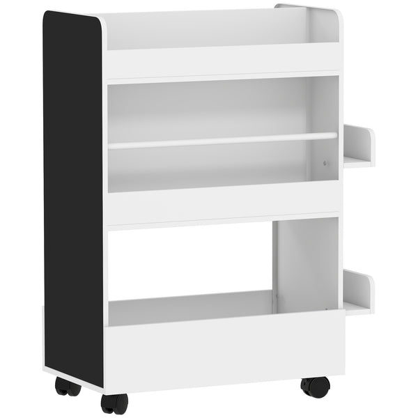 Libreria per Bambini 3-8 Anni Scaffalea Due Lati Portagiochi con Ruote e Lavagna Nera in MDF Bianco prezzo