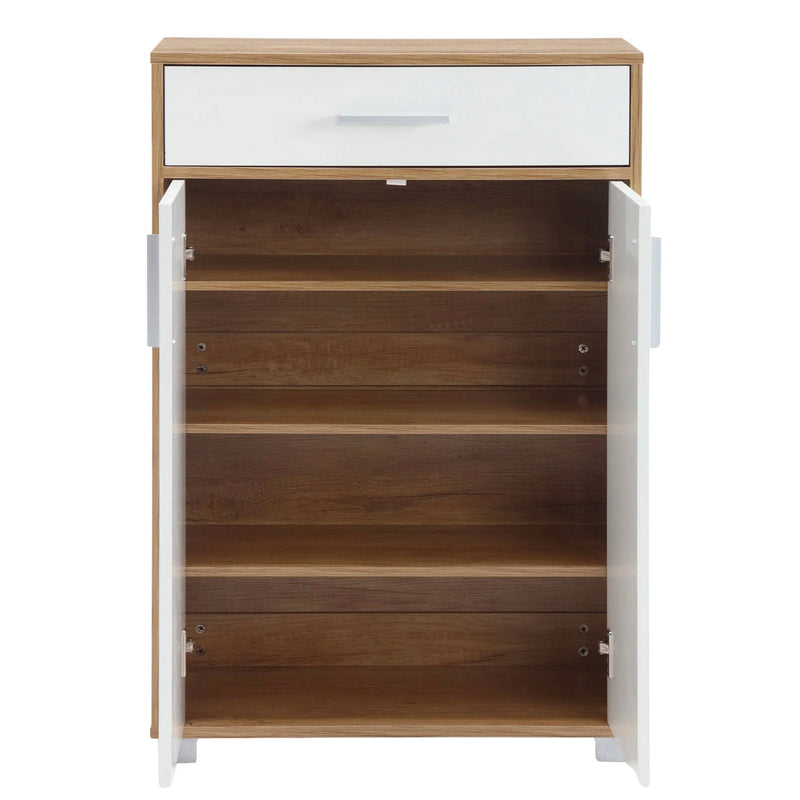 Scarpiera Mobile Salvaspazio 2 Ante 1 Cassetto 63x33x95h cm in Melaminico Venato a Rilievo Rovere e Bianco