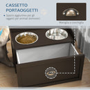 Ciotole per Cani Rialzate 60x30x36 cm in Acciaio Inox e Struttura in Legno con Cassetto Marrone   