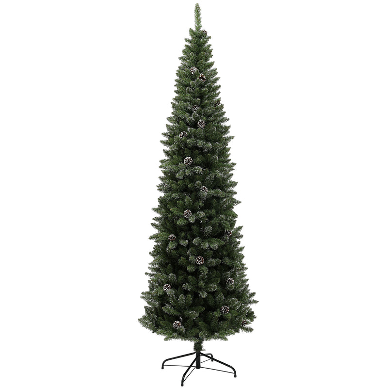 Albero di Natale Innevato Slim Alto 225 cm con 980 Rami Pigne e Base in Acciaio Verde      