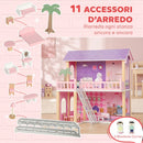 Casa delle Bambole per Bambini 3-6 Anni 64x40x69 cm a 2 Piani con 11 Mobili e 2 Bambole in MDF e Legno di Pino Rosa      