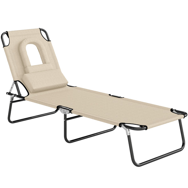 Lettino Prendisole Pieghevole con Foro per il Viso Imbottito e Schienale Reclinabile in Poliestere Beige sconto
