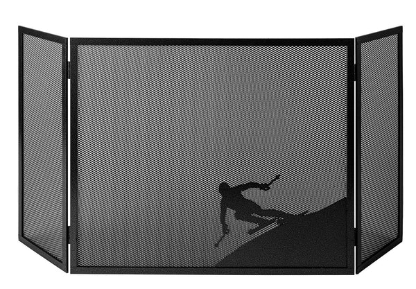 prezzo Parascintille per Camino a 3 Ante Design Sciatore 20+60+20x50 cm in Ferro Verniciato Grigio Martellato