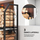 Portalegna da Interno Esterno a 2 Livelli con 3 Ganci 41x30x81cm in Metallo Nero       