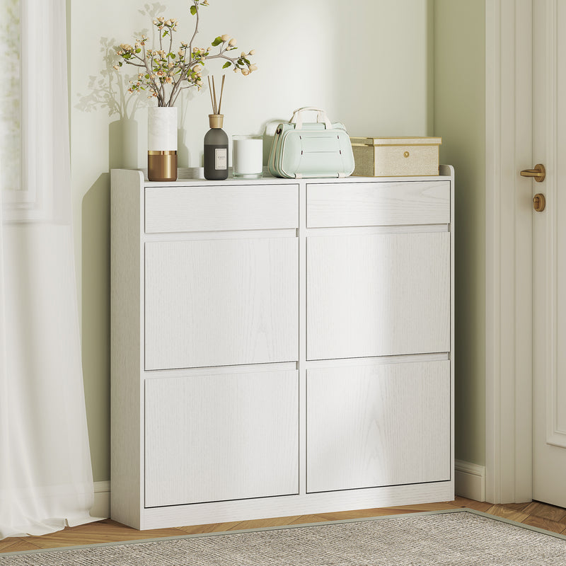 Scarpiera Slim 98x19,2x95,3 cm con 4 Ante a Ribalta e 2 Cassetti in Legno Bianco  