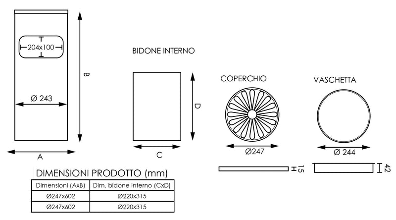 Cestino Gettacarte Posacenere Ø24,7 cm in Acciaio 10L per Interno Esterno