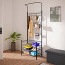 Stand Appendiabiti da Ingresso 9 Ganci con Scarpiera a 4 Ripiani in Metallo Nero 