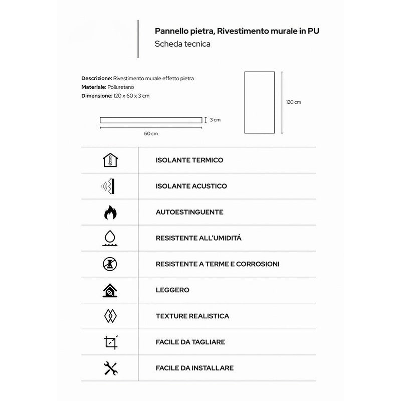 Set 10 Pannelli Decorativi Area 7,2 mq 120x60x3 cm Rivestimento Murale Effetto Pietra Naturale 3D in PU Tufo