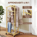 Indossatore Servomuto 4 in 1 a Rotelle 47x33,7x105,5 cm con 2 Aste Vassoio Svuota Tasche e Ripiano per Scarpe in Bambù      
