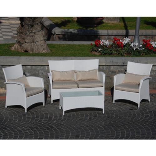 sconto Canapé de salon complet avec fauteuils Wiker et table basse en verre pour mobilier de jardin extérieur 