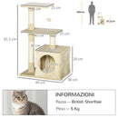 Albero Tiragraffi con Cuccia per Gatti in Legno Sisal 50x30x80 cm  Beige