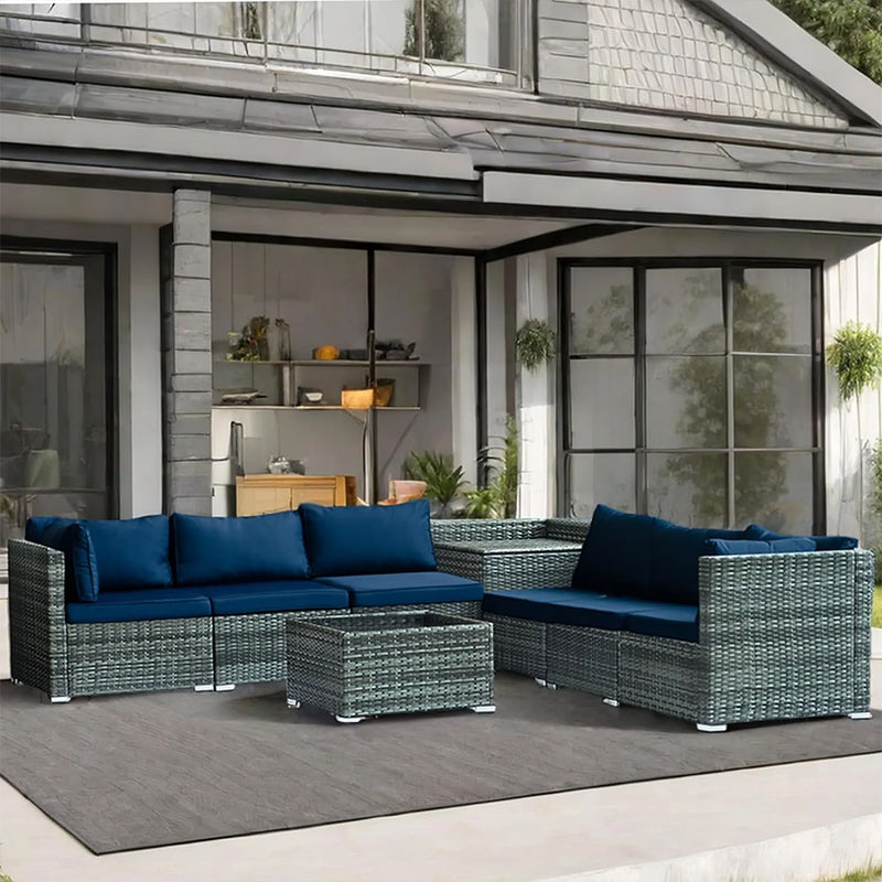 Set Salotto da Giardino per Patio 8 Pezzi Tavolo con Piano in Vetro in Polyrattan Blu      