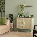 Mobile Multiuso Stile Boho con Armadietto e 3 Cassetti 80x36x75 cm in Legno e Rattan Rovere