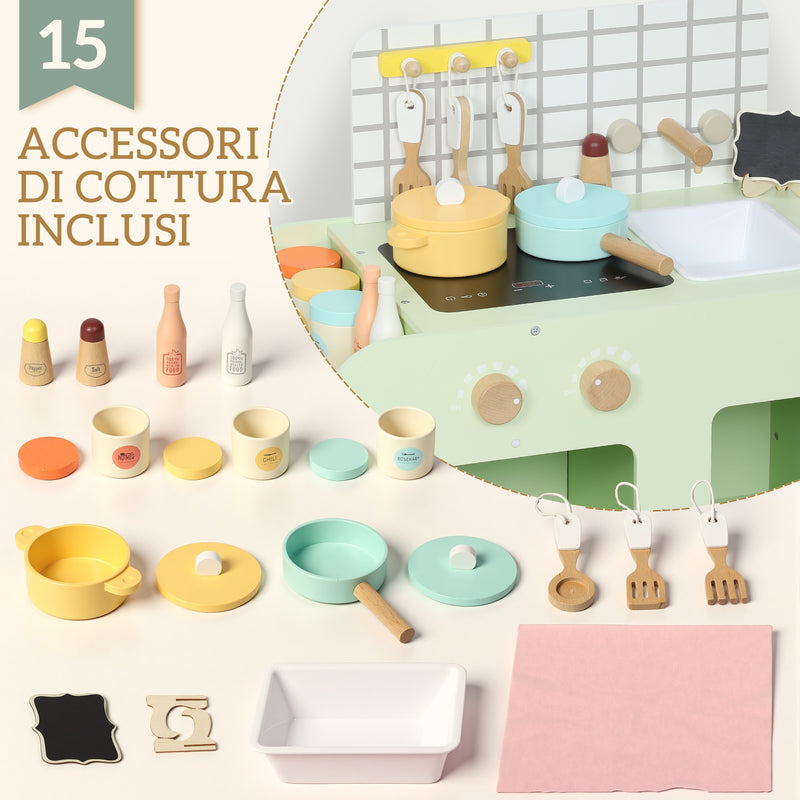Set Cucina Giocattolo per Bambini da 3+ Anni con 15 Accessori in Legno Verde      