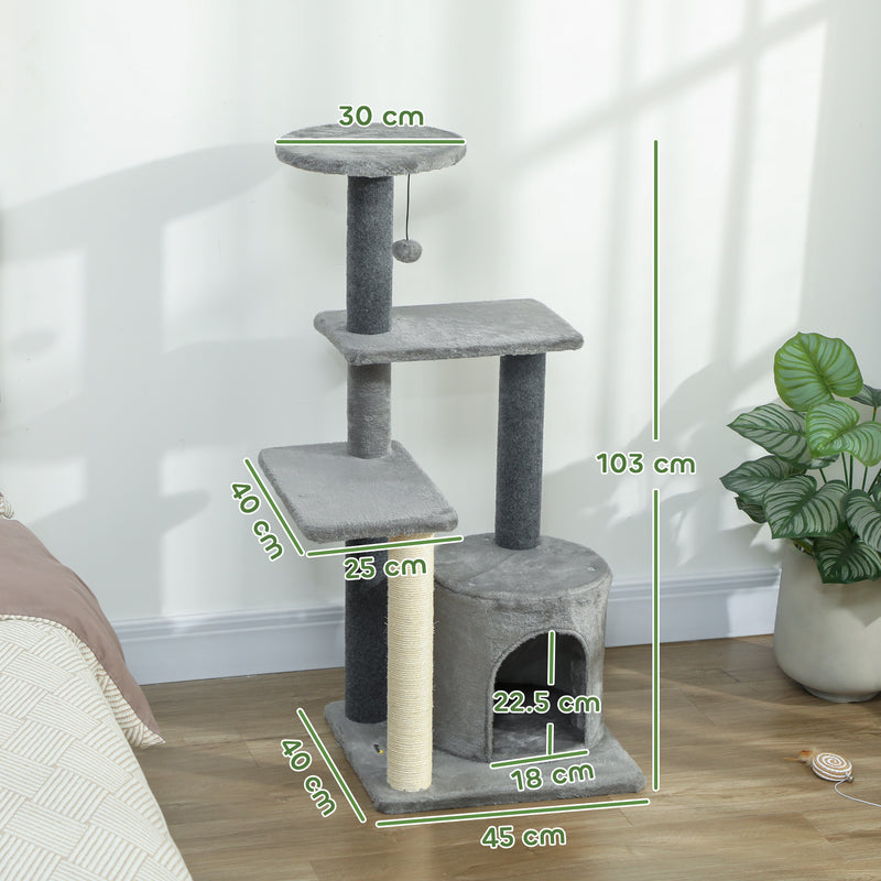 Albero per Gatti Multilivello 103 cm con Cuccia e Tiragraffi in Sisal Grigio      