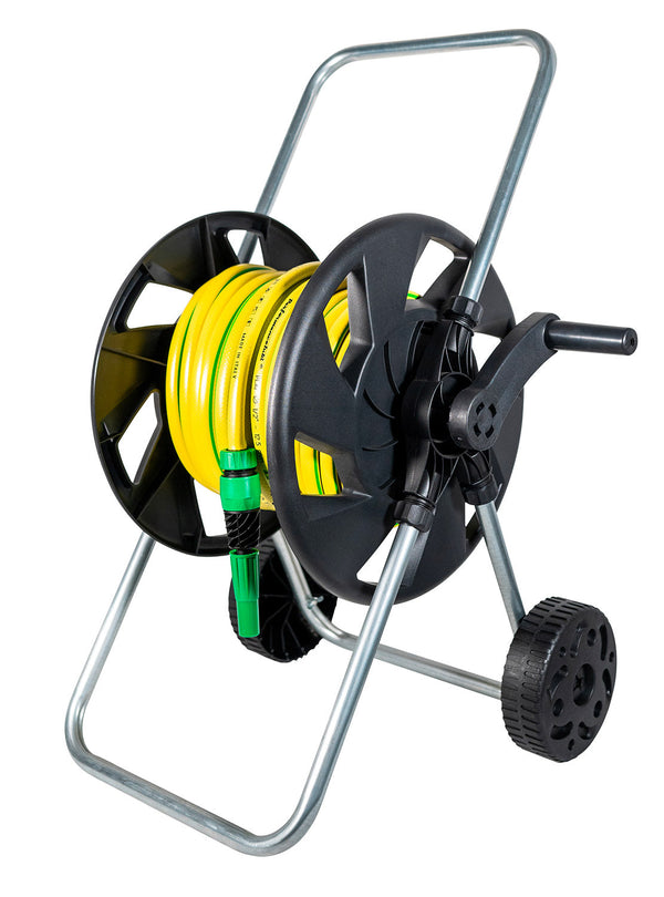 Chariot enrouleur de tuyau manuel en acier avec tuyau de 25 m et accessoires noirs prezzo