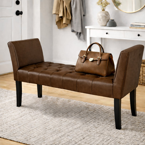 acquista Panca Fondoletto Ingresso 111x40x60 cm con Piedi in Legno e Rivestimento Ecopelle Marrone