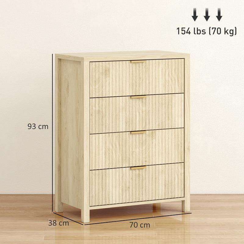 Cassettiera con 4 Cassetti Design Canettato 70x38x93 cm Maniglie Dorate in MDF Color Legno 
