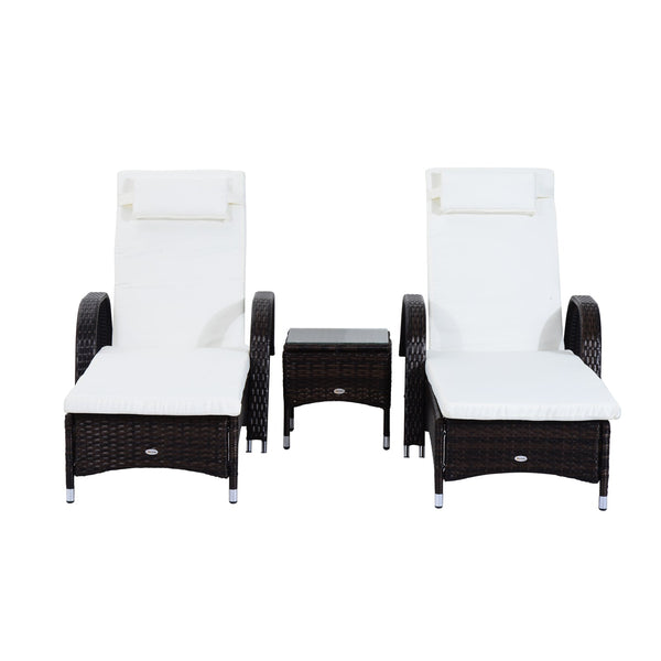 Lot de 2 bains de soleil de jardin en rotin synthétique capitonnés inclinables avec roulettes et table marron online