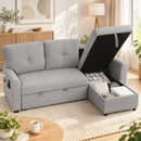 Divano Letto 3 Posti Estraibile 201x132x88 cm con Chaise Longue Contenitore e Cuscini in Tessuto Grigio      