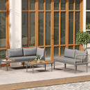 Set Salotto da Giardino 2 Divani e Tavolino Basso a Doghe in Rattan e Acciaio Grigio e color Legno   