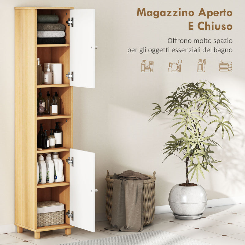 Mobile Colonna Bagno 30x30x166 cm con 2 Armadietti e Ripiani Aperti Bianco e Legno      